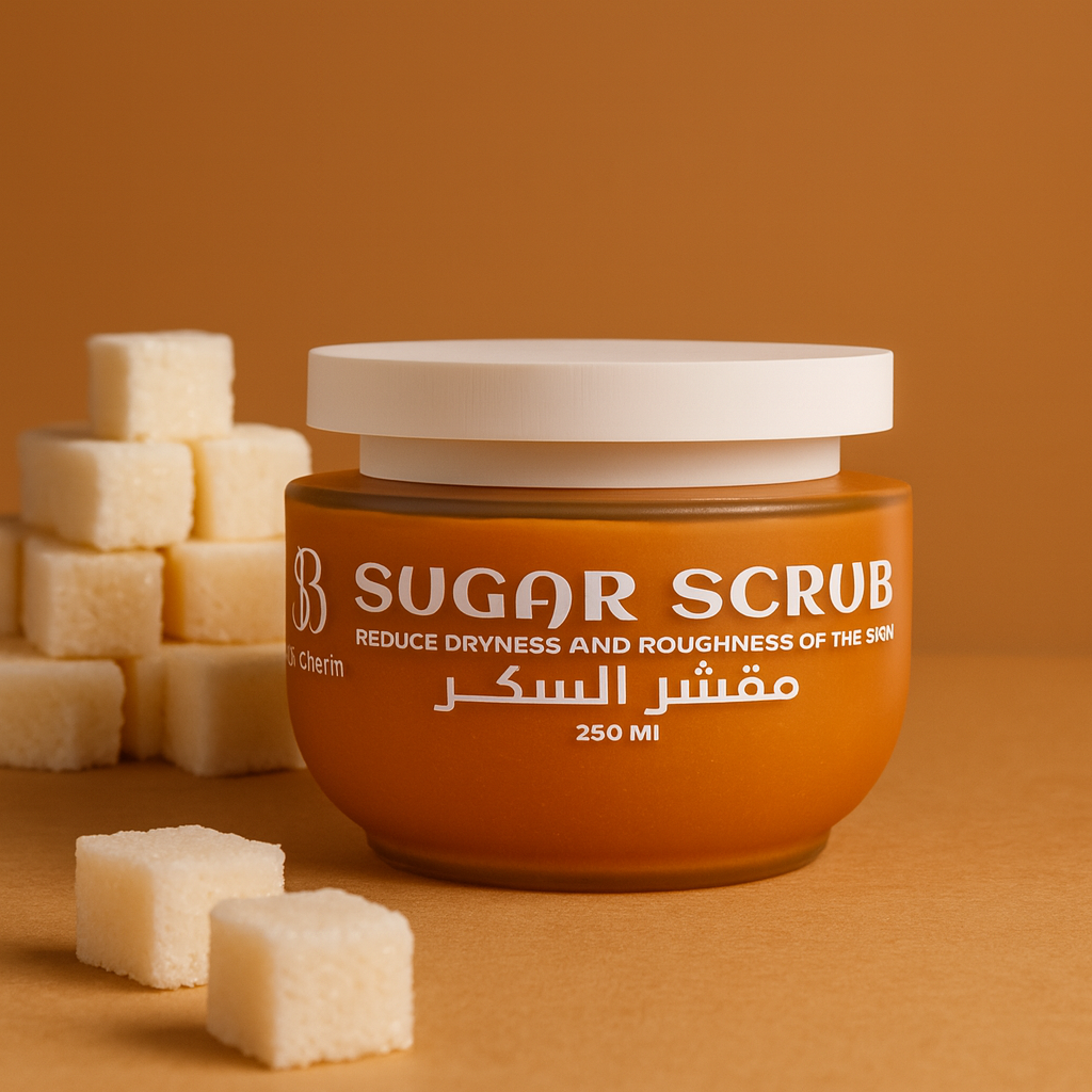 SB Charm Sugar Scrub in a pink jar, shown with a creamy sugar texture. A gentle exfoliating scrub designed to brighten, smooth, and soften the skin. Product displayed cleanly on a neutral background.