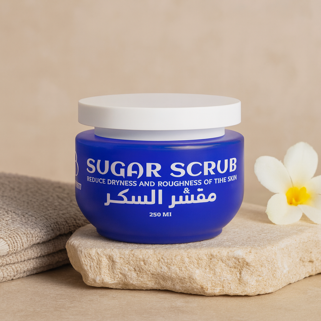 SB Charm Sugar Scrub in a pink jar, shown with a creamy sugar texture. A gentle exfoliating scrub designed to brighten, smooth, and soften the skin. Product displayed cleanly on a neutral background.