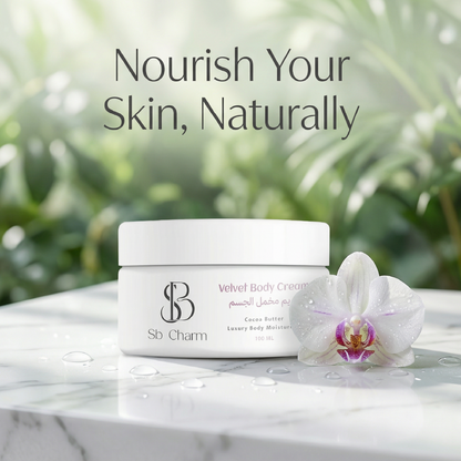 Jar of Sb Charm Velvet Body Cream on a soft pink satin background with text 'Experience the Velvet Touch'.