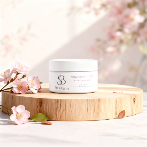 White jar of 'Sb Charm' cream on a wooden tray with cherry blossoms.