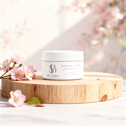 White jar of 'Sb Charm' cream on a wooden tray with cherry blossoms.